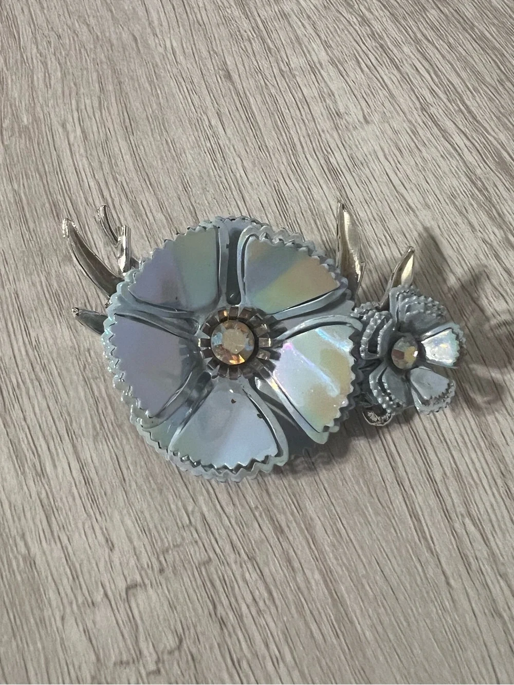 Vintage 1960s Silver-Tone Iridescent Floral Brooch rare find